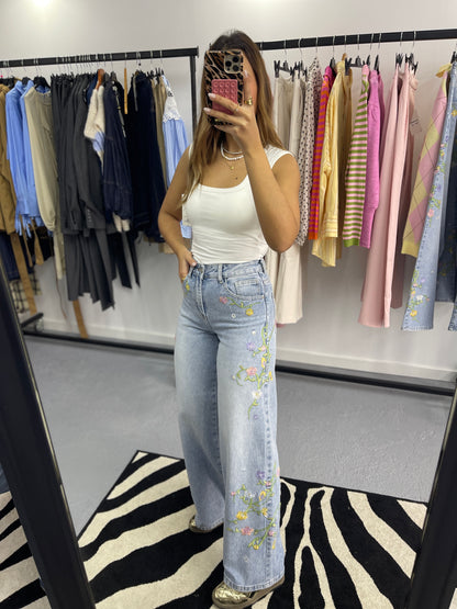 Jeans Bordados Wide Leg