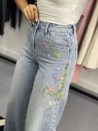 Jeans Bordados Wide Leg